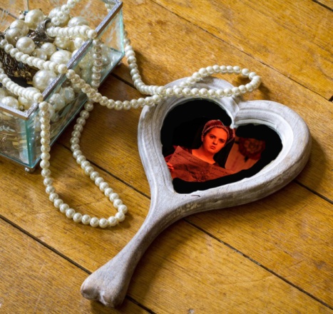 wooden heart hand mirror